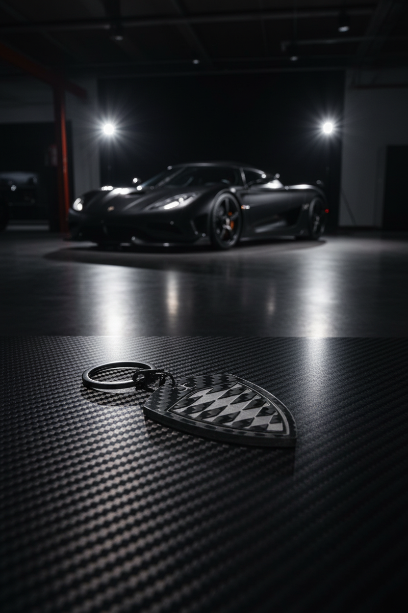 Portachiavi Koenigsegg su superficie carbon fiber in showroom luxury