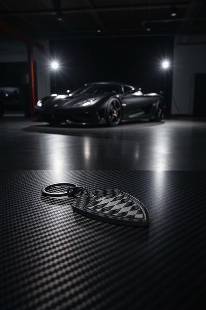 Portachiavi Koenigsegg su superficie carbon fiber in showroom luxury