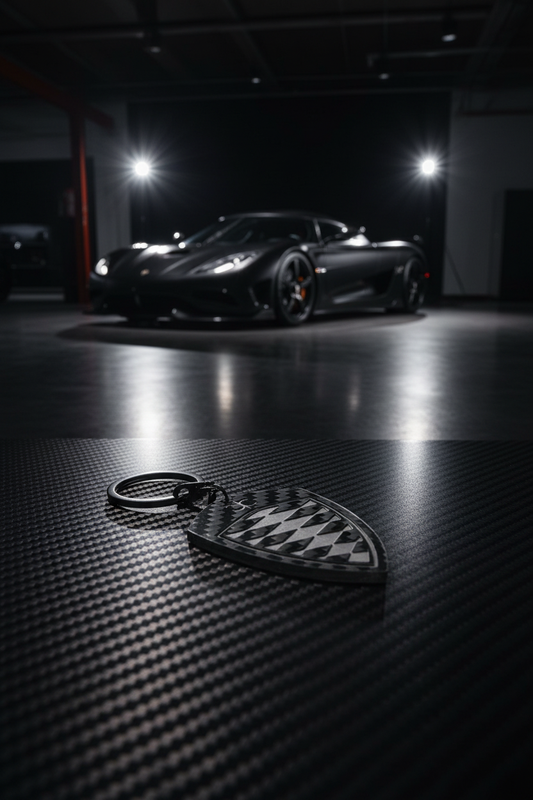 Portachiavi Koenigsegg su superficie carbon fiber in showroom luxury