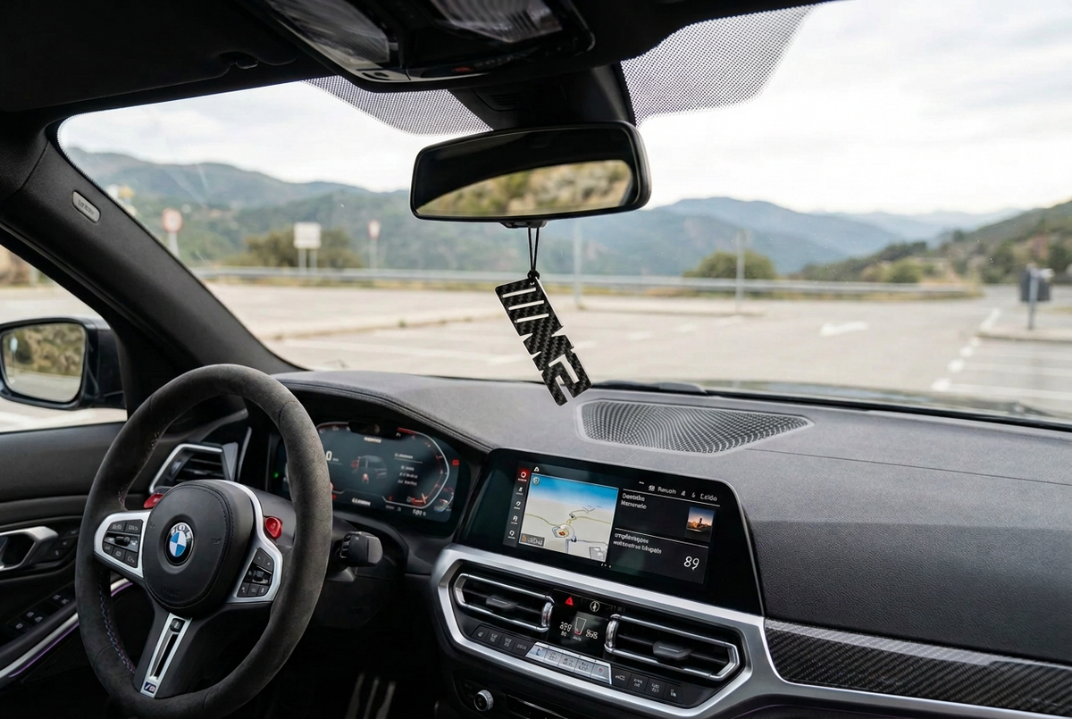 Ciondolo M2 appeso allo specchietto nell’abitacolo BMW, visto dal sedile passeggero