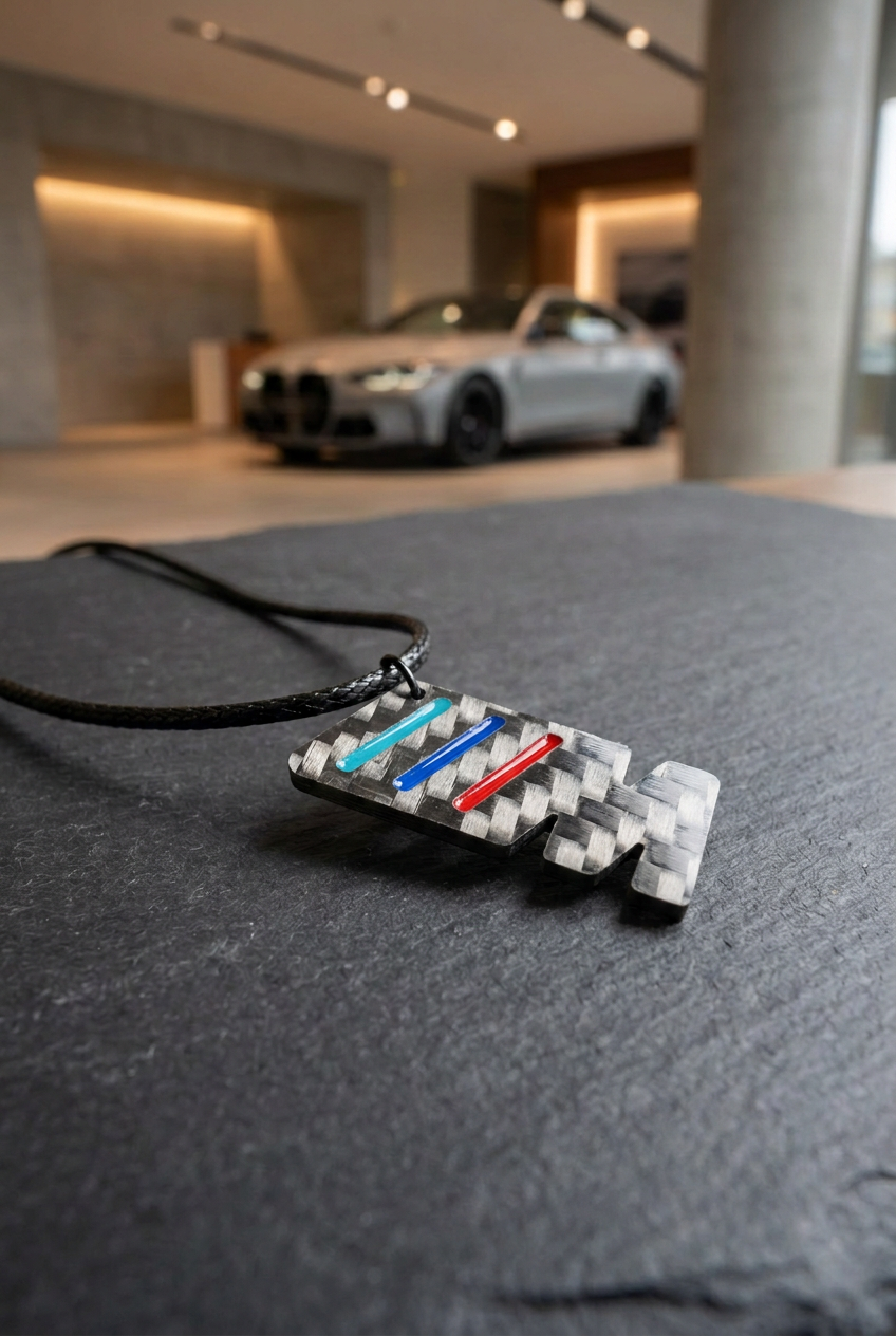 Collana M colorata su pietra scura in uno showroom automobilistico