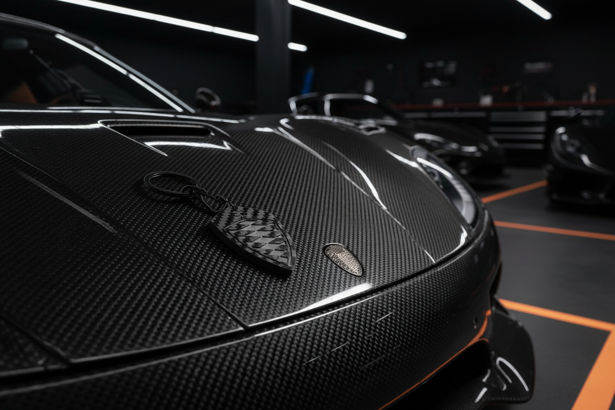 Portachiavi Koenigsegg posizionato sul cofano della hypercar in garage privato