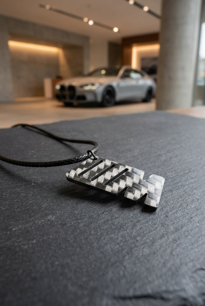 Collana M senza colori su pietra scura in uno showroom automobilistico
