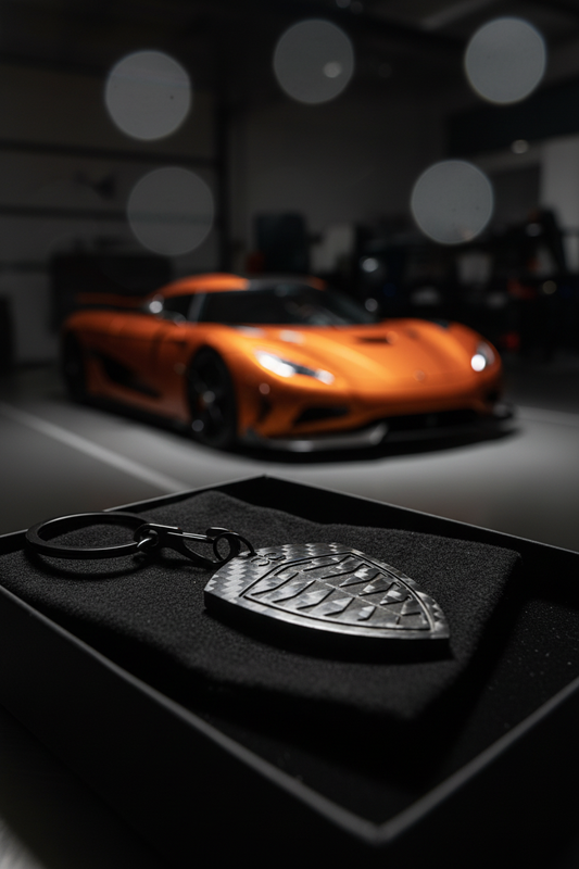 Portachiavi Koenigsegg macro su alcantara con hypercar in bokeh